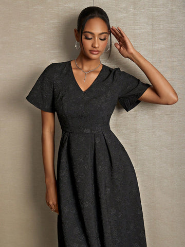 V-Neck Short Sleeve Embroidered High-Low Bridesmaid Dress