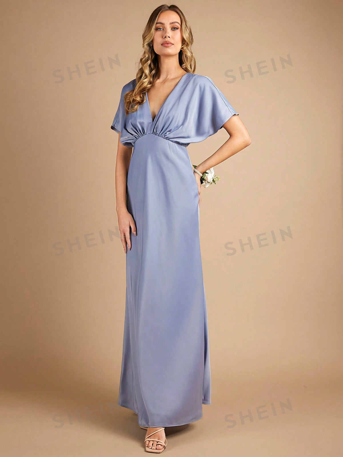 V Neck Batwing Sleeve Bridesmaid Dress
