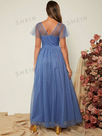 V Neck Butterfly Sleeve Mesh Overlay Bridesmaid Dress