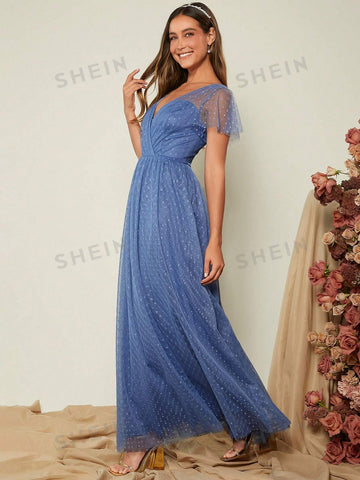 V Neck Butterfly Sleeve Mesh Overlay Bridesmaid Dress