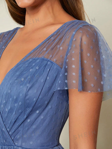 V Neck Butterfly Sleeve Mesh Overlay Bridesmaid Dress
