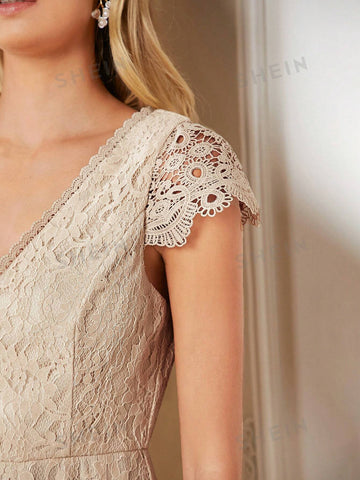 V Neck Lace Bridesmaid Dress