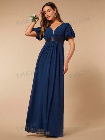V Neck Puff Sleeve Maxi Bridesmaid Dress