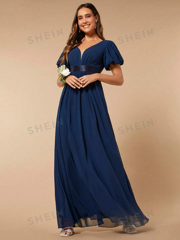 V Neck Puff Sleeve Maxi Bridesmaid Dress