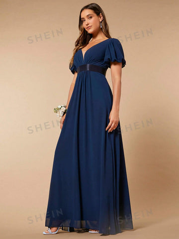 V Neck Puff Sleeve Maxi Bridesmaid Dress