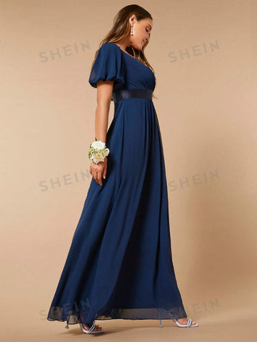 V Neck Puff Sleeve Maxi Bridesmaid Dress