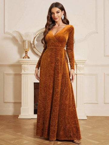 Velvet Jacquard Long Sleeve Dress With Open Back And Tie For Bridesmaid (adult)