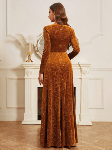 Velvet Jacquard Long Sleeve Dress With Open Back And Tie For Bridesmaid (adult)
