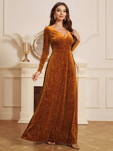 Velvet Jacquard Long Sleeve Dress With Open Back And Tie For Bridesmaid (adult)