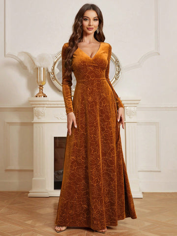 Velvet Jacquard Long Sleeve Dress With Open Back And Tie For Bridesmaid (adult)