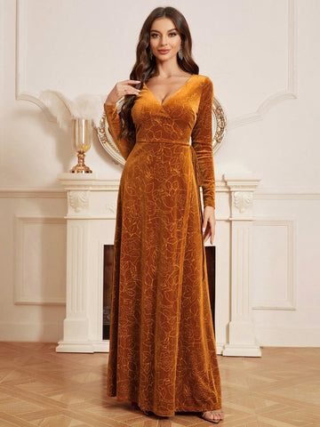 Velvet Jacquard Long Sleeve Dress With Open Back And Tie For Bridesmaid (adult)