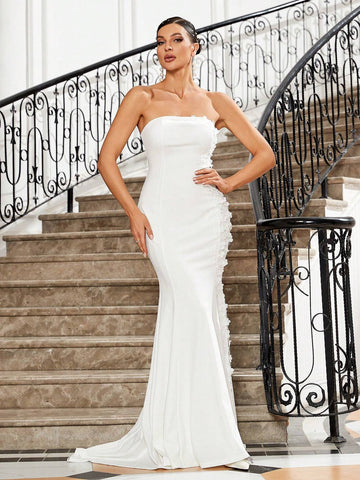 White Strapless Side Three-Dimensional Floral Curve Splicing Slim-Fit Floor-Length Fishtail Advanced Simple Wedding Dress