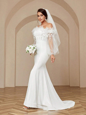 Woman's Romantic And Elegant Off Shoulder Perspective Mesh Embroidered Wedding Dress With 3d Flowers, Floral Lace And Mermaid Style Small Support Wedding Dress