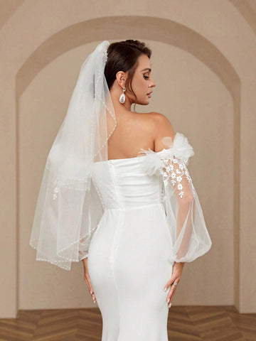 Woman's Romantic And Elegant Off Shoulder Perspective Mesh Embroidered Wedding Dress With 3d Flowers, Floral Lace And Mermaid Style Small Support Wedding Dress