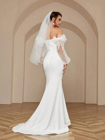 Woman's Romantic And Elegant Off Shoulder Perspective Mesh Embroidered Wedding Dress With 3d Flowers, Floral Lace And Mermaid Style Small Support Wedding Dress