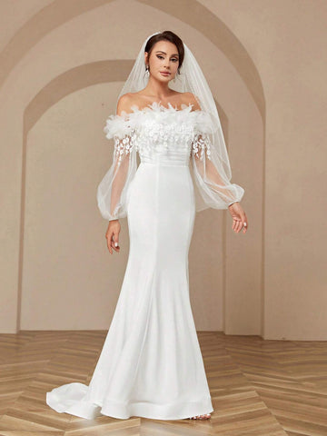 Woman's Romantic And Elegant Off Shoulder Perspective Mesh Embroidered Wedding Dress With 3d Flowers, Floral Lace And Mermaid Style Small Support Wedding Dress