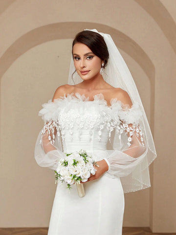 Woman's Romantic And Elegant Off Shoulder Perspective Mesh Embroidered Wedding Dress With 3d Flowers, Floral Lace And Mermaid Style Small Support Wedding Dress