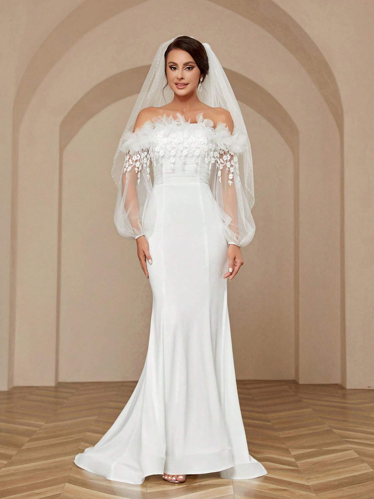 Woman's Romantic And Elegant Off Shoulder Perspective Mesh Embroidered Wedding Dress With 3d Flowers, Floral Lace And Mermaid Style Small Support Wedding Dress