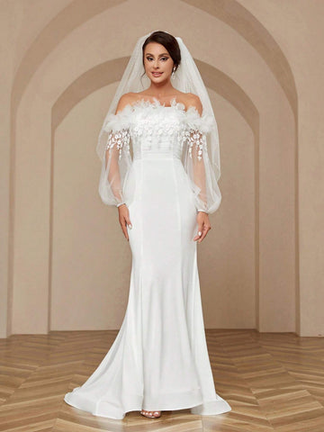 Woman's Romantic And Elegant Off Shoulder Perspective Mesh Embroidered Wedding Dress With 3d Flowers, Floral Lace And Mermaid Style Small Support Wedding Dress