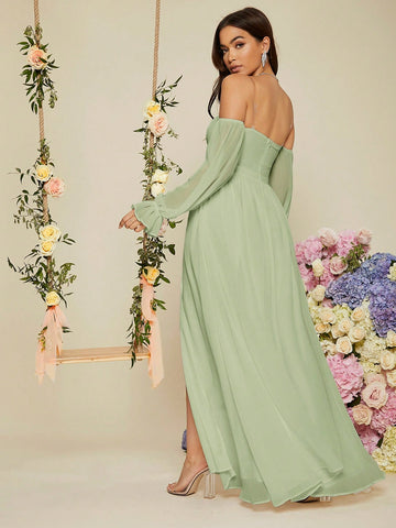 Women'S Bridesmaid Dress With Flare Sleeves, High Side Split Hem