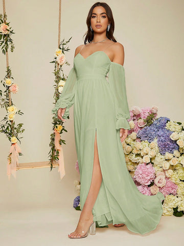 Women'S Bridesmaid Dress With Flare Sleeves, High Side Split Hem
