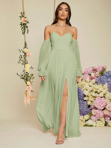 Women'S Bridesmaid Dress With Flare Sleeves, High Side Split Hem