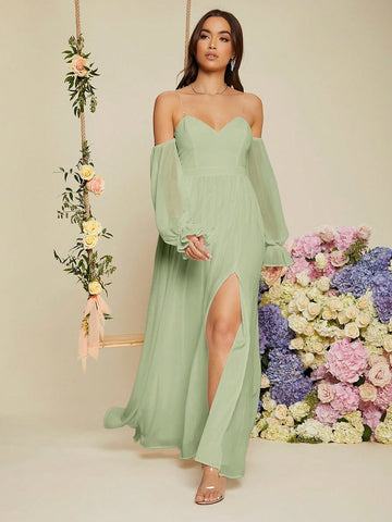 Women'S Bridesmaid Dress With Flare Sleeves, High Side Split Hem