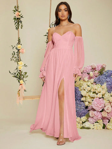 Women'S Bridesmaid Dress With Flared Sleeves, High Slit And Mermaid Hemline