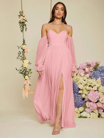 Women'S Bridesmaid Dress With Flared Sleeves, High Slit And Mermaid Hemline