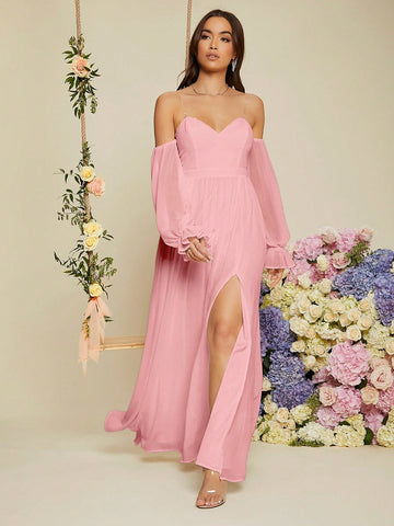 Women'S Bridesmaid Dress With Flared Sleeves, High Slit And Mermaid Hemline