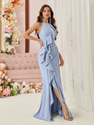 Women'S Exaggerated Ruffles & Mermaid Hem Dress With Front Slit, Ideal For Formal Evening Occasions (Heavy Style)