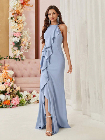 Women'S Exaggerated Ruffles & Mermaid Hem Dress With Front Slit, Ideal For Formal Evening Occasions (Heavy Style)