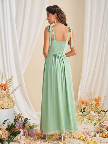Women Chiffon Ribbon Waist Bridesmaid Dress Long Skirt