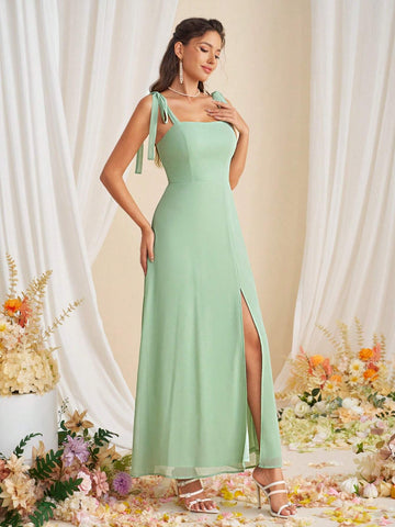 Women Chiffon Ribbon Waist Bridesmaid Dress Long Skirt