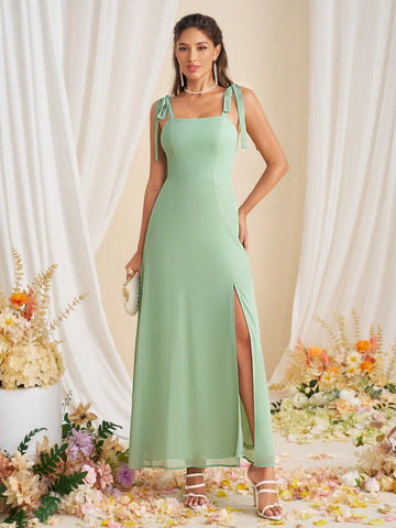 Women Chiffon Ribbon Waist Bridesmaid Dress Long Skirt