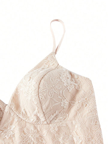 Women Elegant And Romantic Khaki-Colored Stretch Lace Fabric Spliced Soft And Comfortable Woven Fabric Suspender V-Neck Mini Fish-Tail Hem Backless Ear-Hook Strap Lace Connected Bridesmaid Dress.