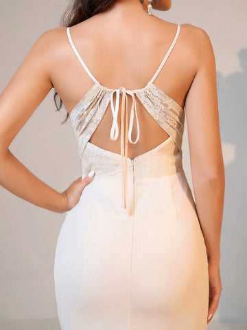 Women Elegant And Romantic Khaki-Colored Stretch Lace Fabric Spliced Soft And Comfortable Woven Fabric Suspender V-Neck Mini Fish-Tail Hem Backless Ear-Hook Strap Lace Connected Bridesmaid Dress.