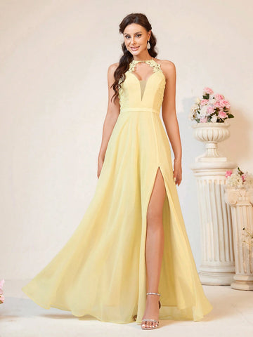 Women Elegant And Romantic Light Yellow Chiffon Fabric Chiffon Dress With Suitable For Romantic And Elegant Wedding Season Wedding Event Back-To-School Season Mother's Day Music Festival Graduation Season Shower Party Women's Bridesmaid Dress