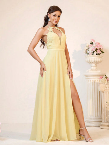 Women Elegant And Romantic Light Yellow Chiffon Fabric Chiffon Dress With Suitable For Romantic And Elegant Wedding Season Wedding Event Back-To-School Season Mother's Day Music Festival Graduation Season Shower Party Women's Bridesmaid Dress