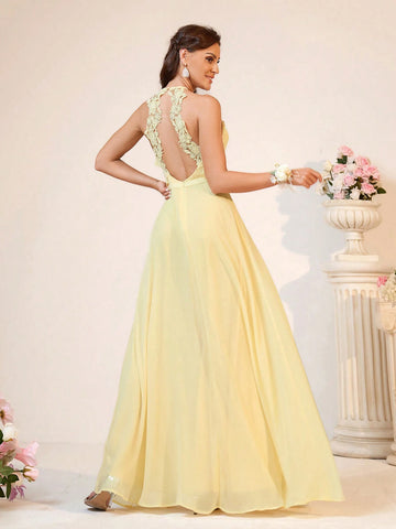 Women Elegant And Romantic Light Yellow Chiffon Fabric Chiffon Dress With Suitable For Romantic And Elegant Wedding Season Wedding Event Back-To-School Season Mother's Day Music Festival Graduation Season Shower Party Women's Bridesmaid Dress