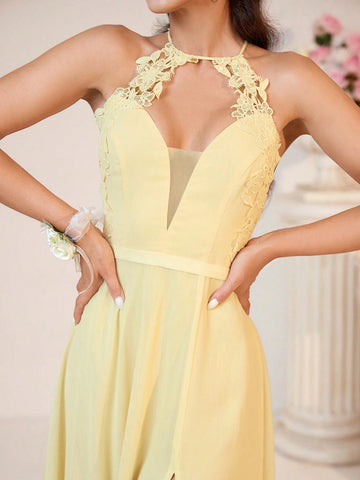 Women Elegant And Romantic Light Yellow Chiffon Fabric Chiffon Dress With Suitable For Romantic And Elegant Wedding Season Wedding Event Back-To-School Season Mother's Day Music Festival Graduation Season Shower Party Women's Bridesmaid Dress