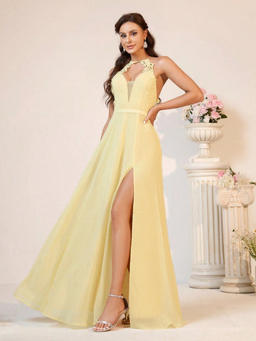 Women Elegant And Romantic Light Yellow Chiffon Fabric Chiffon Dress With Suitable For Romantic And Elegant Wedding Season Wedding Event Back-To-School Season Mother's Day Music Festival Graduation Season Shower Party Women's Bridesmaid Dress