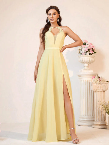 Women Elegant And Romantic Light Yellow Chiffon Fabric Chiffon Dress With Suitable For Romantic And Elegant Wedding Season Wedding Event Back-To-School Season Mother's Day Music Festival Graduation Season Shower Party Women's Bridesmaid Dress