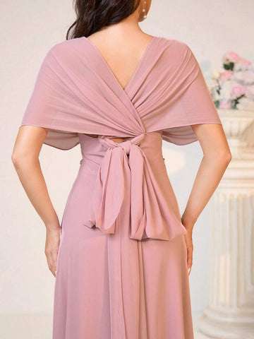 Women Elegant And Romantic Pink Chiffon With Pleated Fabric Cross-Over Halter-Neck Bow Knot, And Can Be Worn In Multiple Ways Including As A Shawl Available In Various Lengths Suitable For