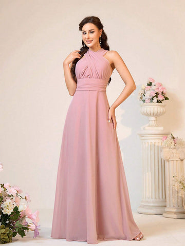 Women Elegant And Romantic Pink Chiffon With Pleated Fabric Cross-Over Halter-Neck Bow Knot, And Can Be Worn In Multiple Ways Including As A Shawl Available In Various Lengths Suitable For