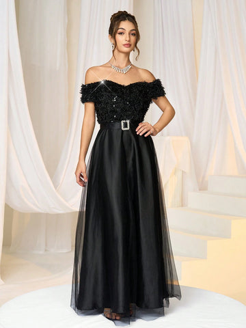 Women Elegant Formal Dress, Solid Color Off-Shoulder Net Mesh