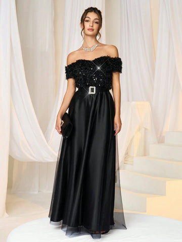 Women Elegant Formal Dress, Solid Color Off-Shoulder Net Mesh