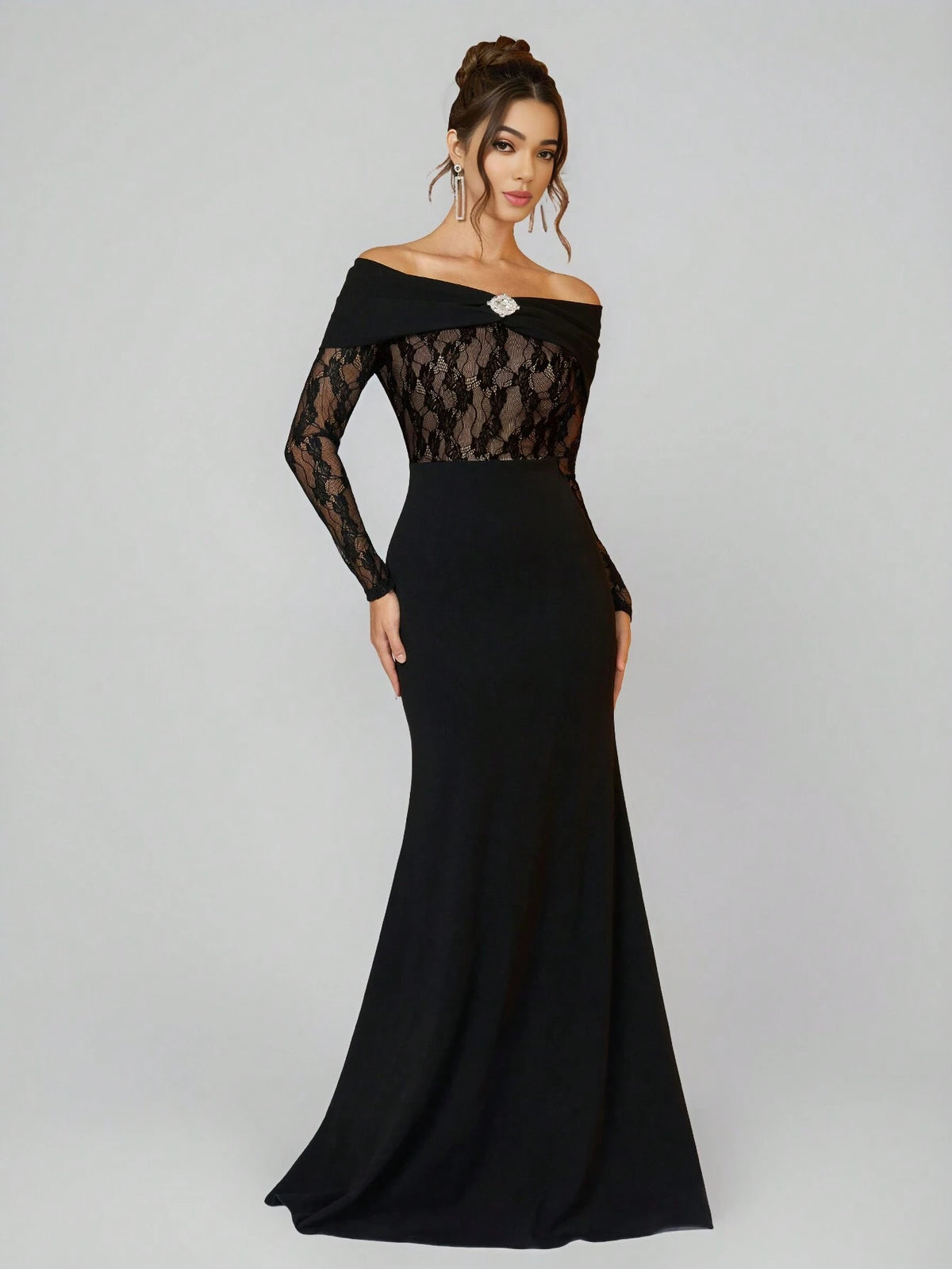 Women Elegant Knit Black Lace Panel Waist Wrapped Off Shoulder Rhinestone Bodycon Evening Dress