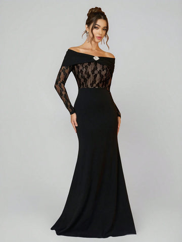 Women Elegant Knit Black Lace Panel Waist Wrapped Off Shoulder Rhinestone Bodycon Evening Dress