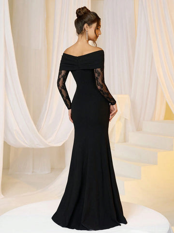 Women Elegant Knit Black Lace Panel Waist Wrapped Off Shoulder Rhinestone Bodycon Evening Dress